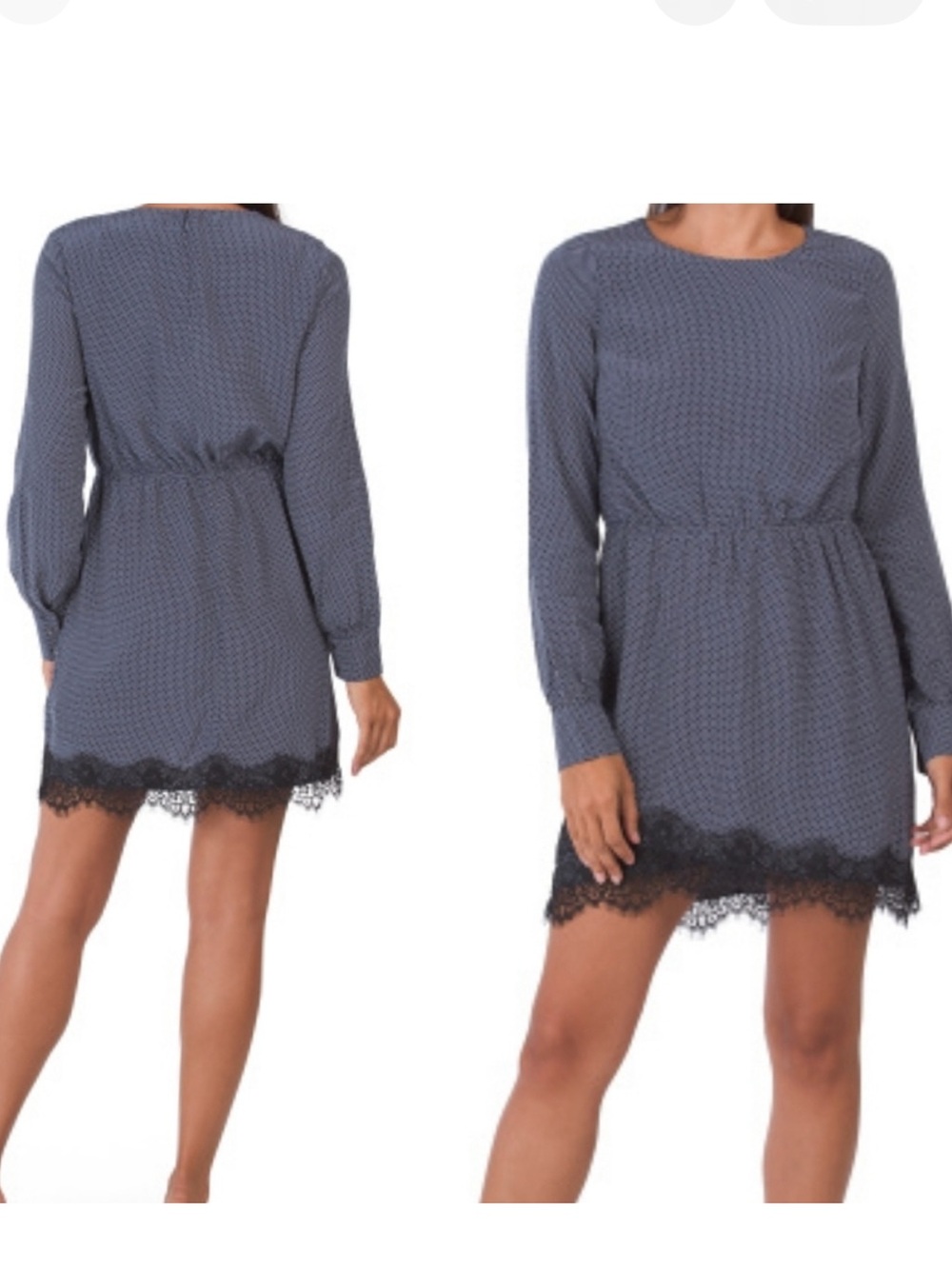 Avec Les Filles Navy blue white Polka Dot Lace Hem long sleeve Dress L